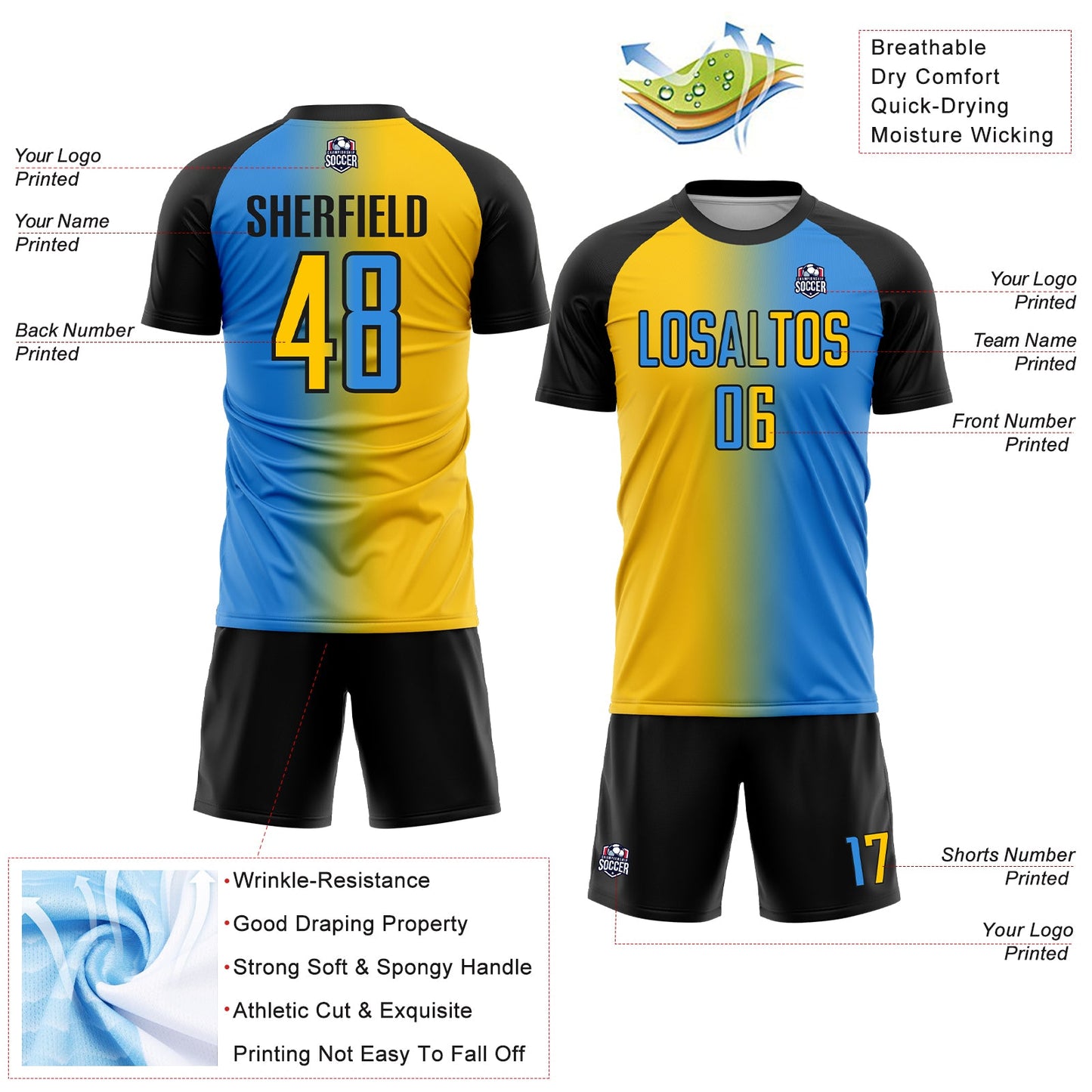 Custom Powder Blue Yellow-Black Sublimation Gradient Fashion Soccer Uniform Jersey view 4