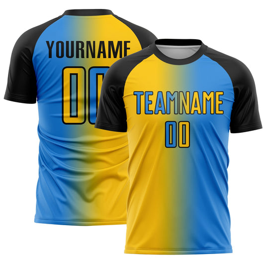 Custom Powder Blue Yellow-Black Sublimation Gradient Fashion Soccer Uniform Jersey - Main View