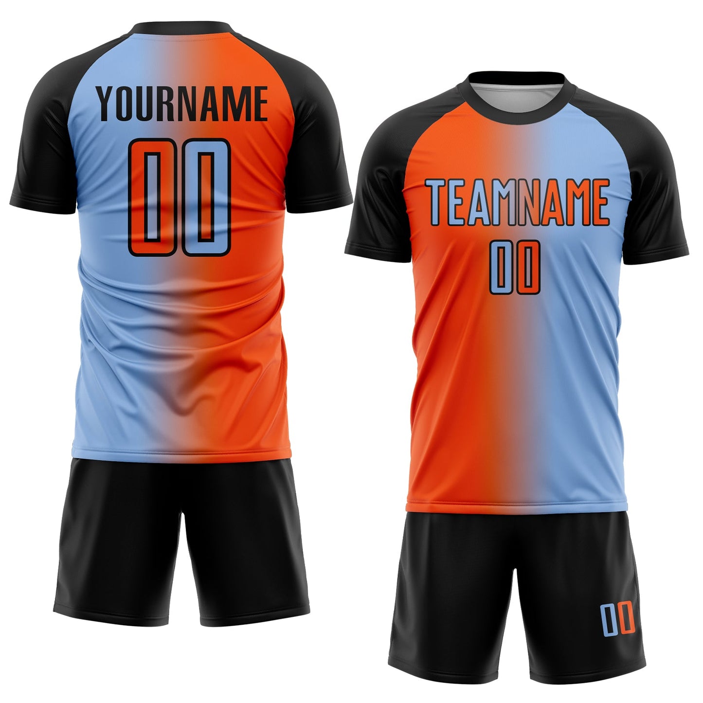Custom Light Blue Orange-Black Sublimation Gradient Fashion Soccer Uniform Jersey view 2