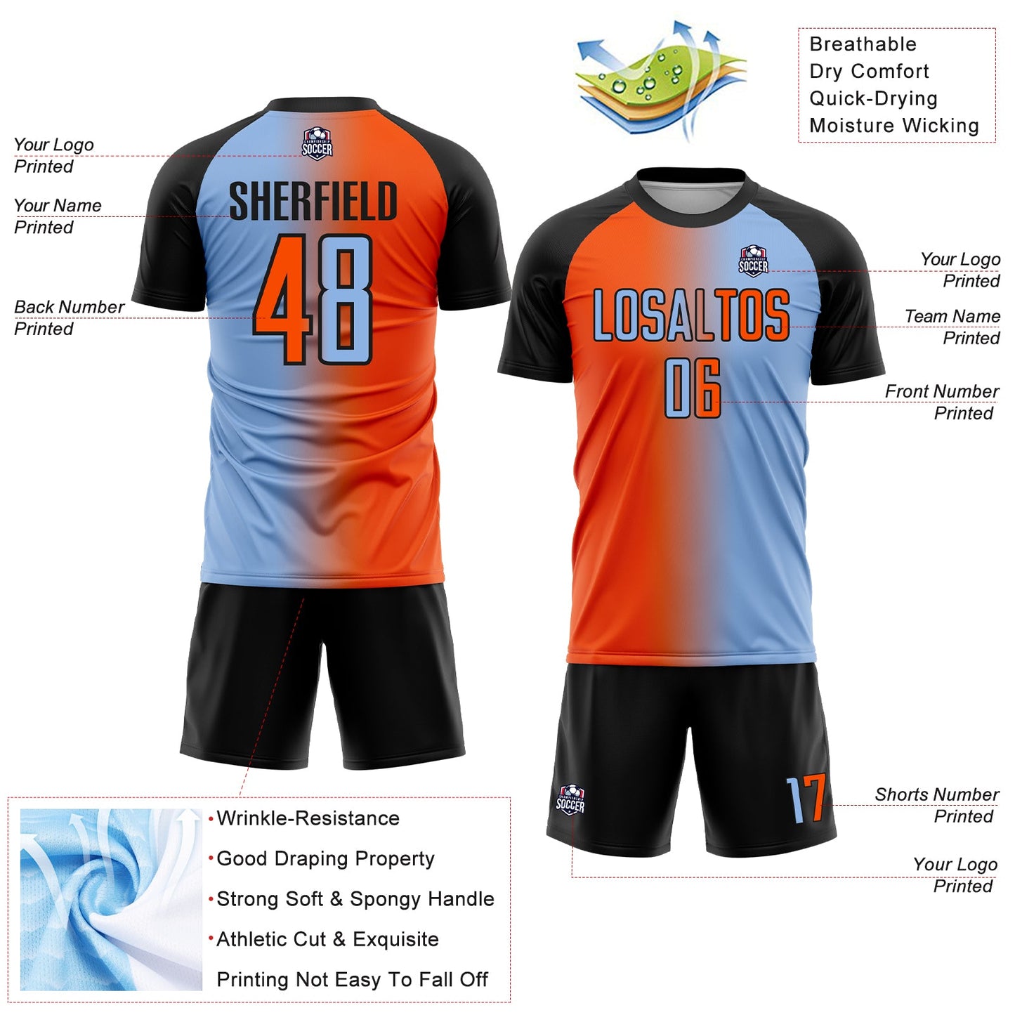 Custom Light Blue Orange-Black Sublimation Gradient Fashion Soccer Uniform Jersey view 4