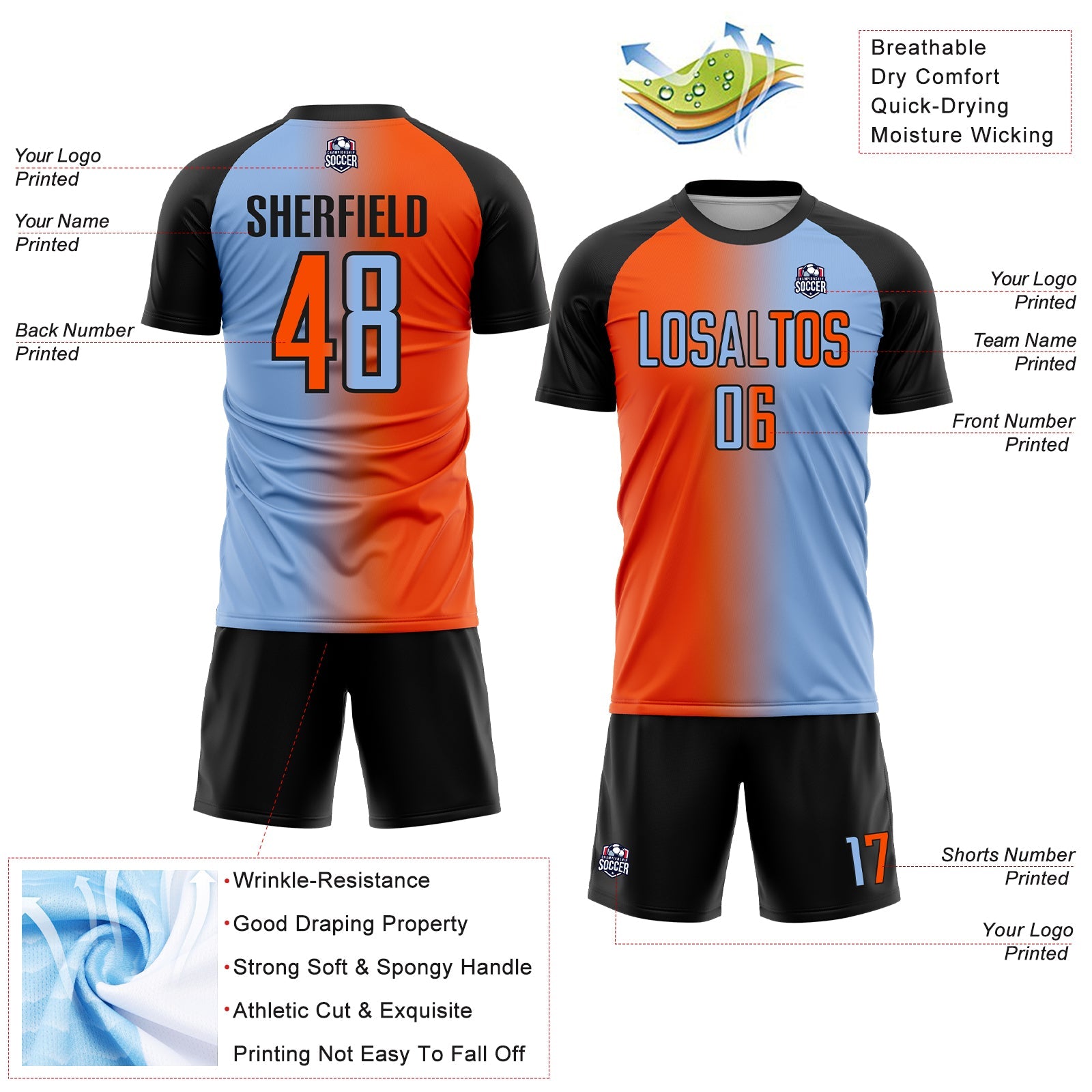 Custom Light Blue Orange-Black Sublimation Gradient Fashion Soccer Uniform Jersey view 4