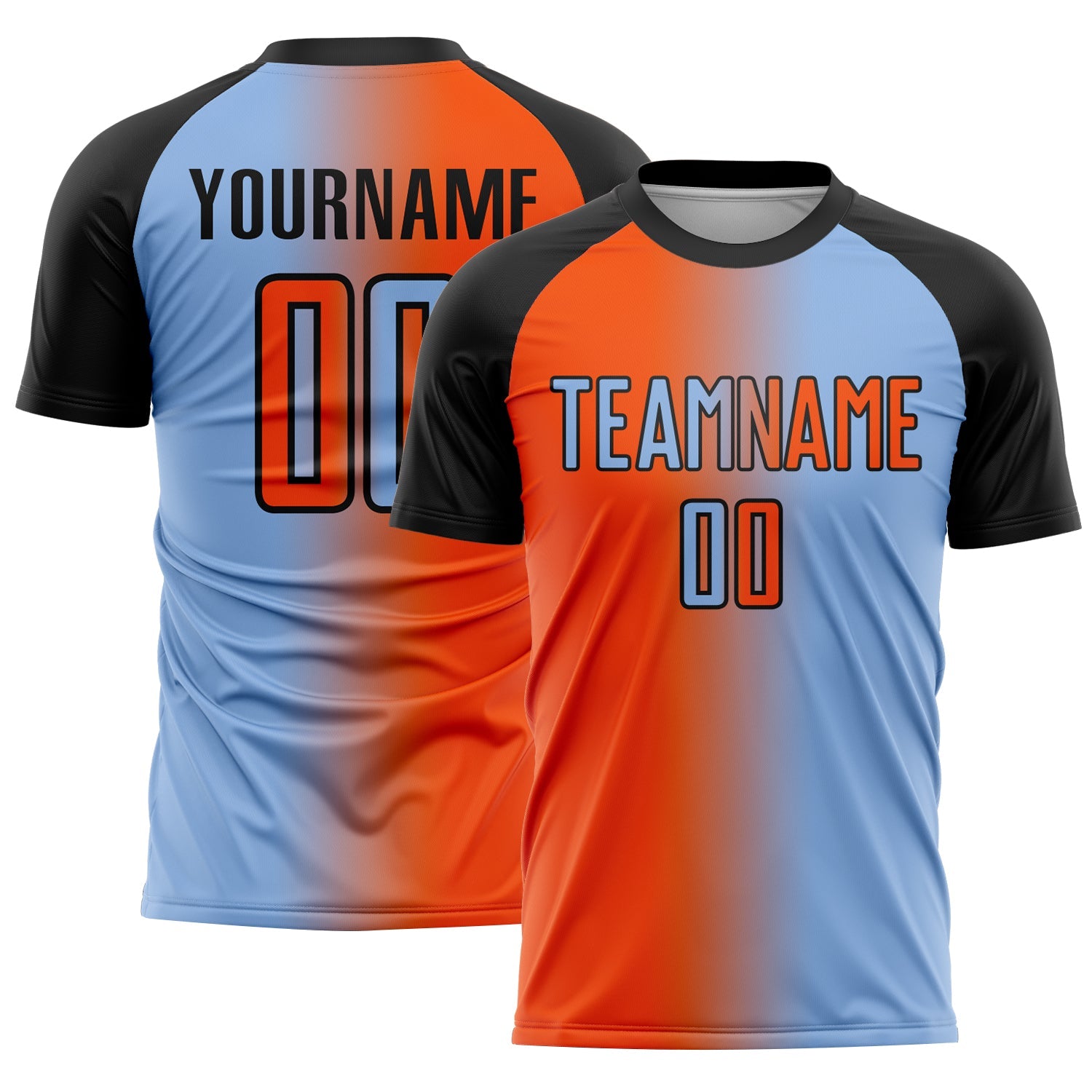 Custom Light Blue Orange-Black Sublimation Gradient Fashion Soccer Uniform Jersey - Main View