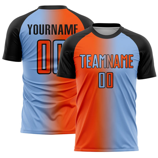 Custom Light Blue Orange-Black Sublimation Gradient Fashion Soccer Uniform Jersey - Main View