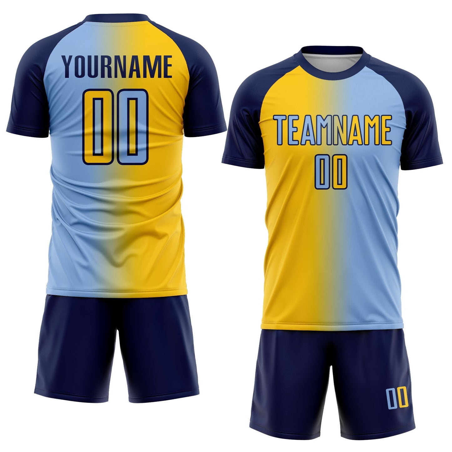 Custom Light Blue Yellow-Navy Sublimation Gradient Fashion Soccer Uniform Jersey view 2