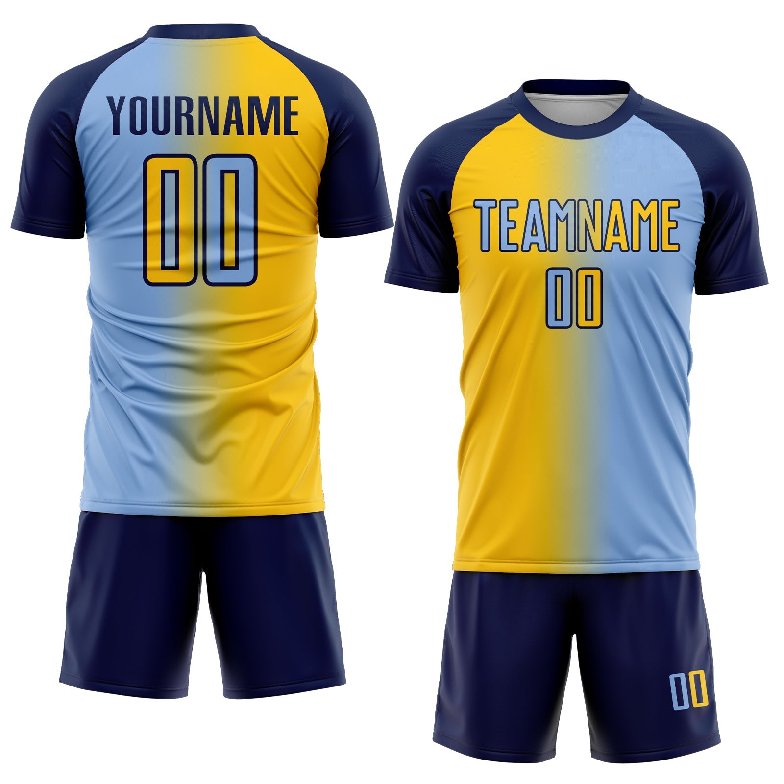 Custom Light Blue Yellow-Navy Sublimation Gradient Fashion Soccer Uniform Jersey view 2