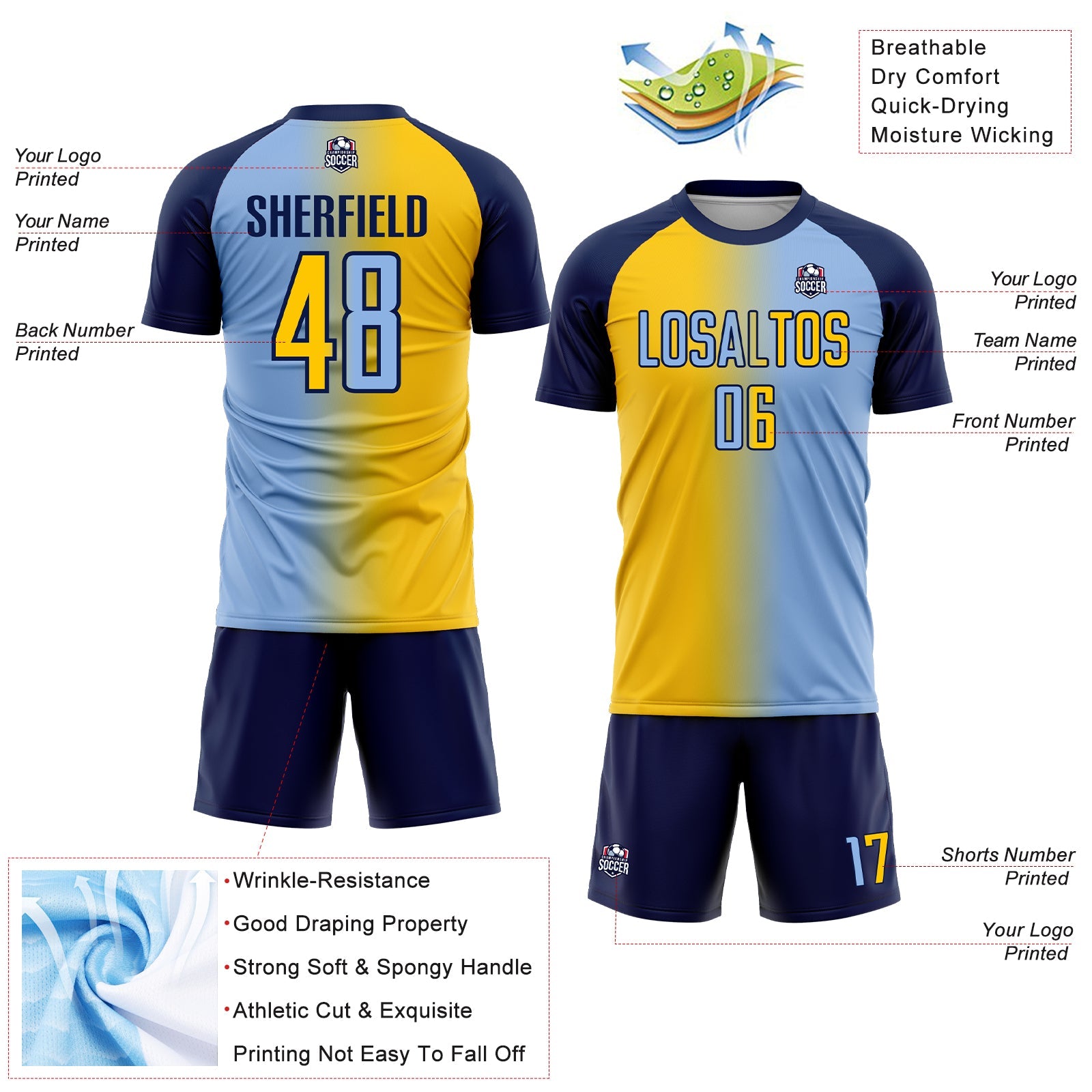 Custom Light Blue Yellow-Navy Sublimation Gradient Fashion Soccer Uniform Jersey view 4