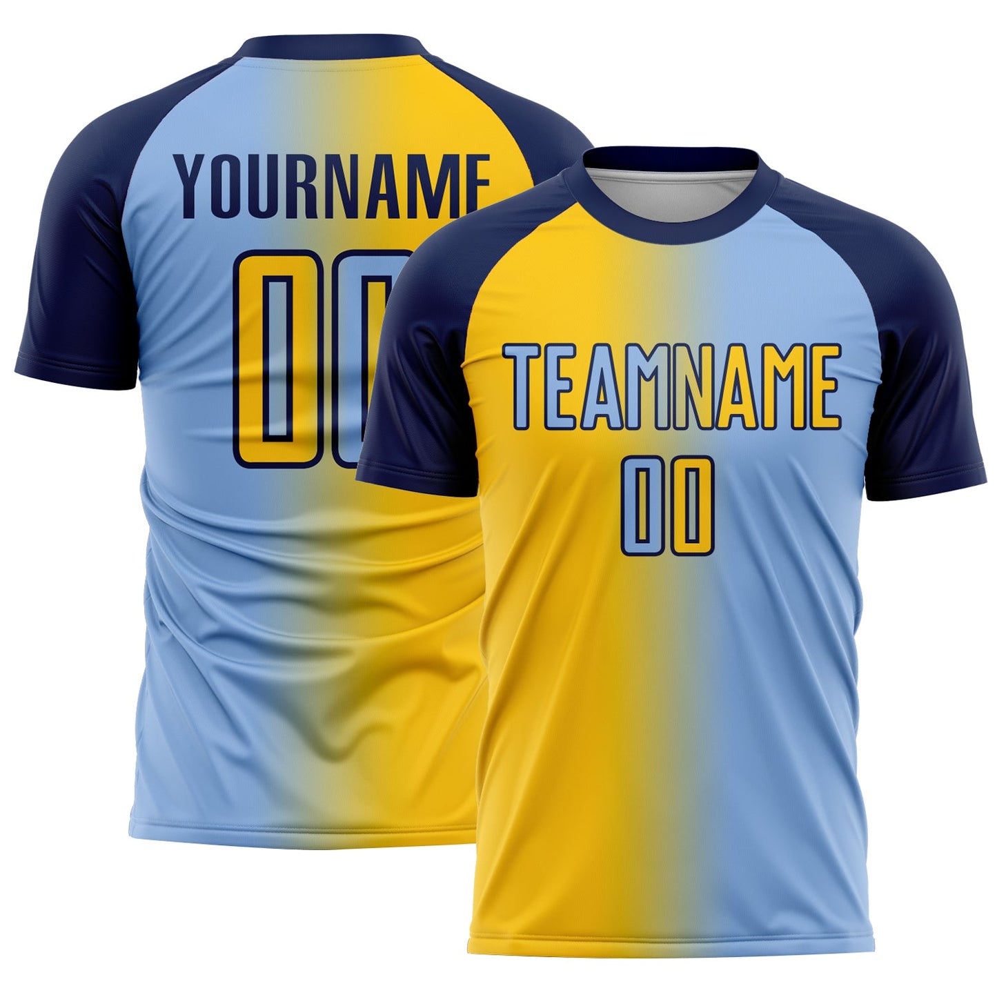 Custom Light Blue Yellow-Navy Sublimation Gradient Fashion Soccer Uniform Jersey - Main View