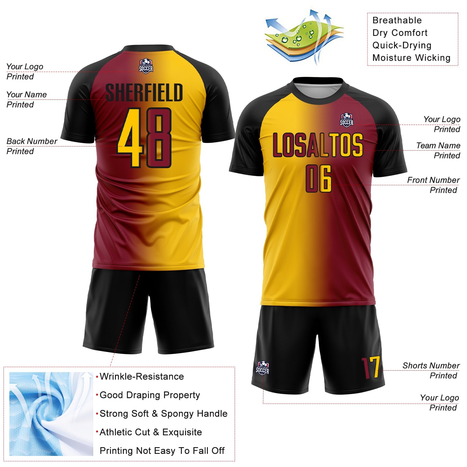 Custom Crimson Yellow-Black Sublimation Gradient Fashion Soccer Uniform Jersey view 4