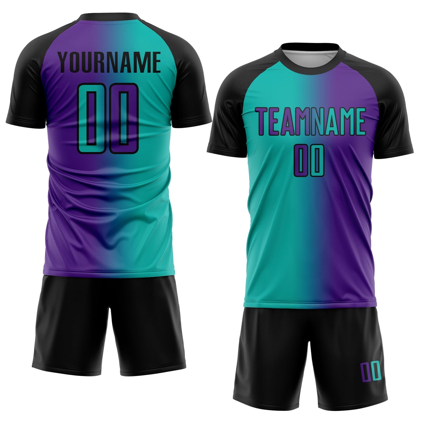 Custom Purple Aqua-Black Sublimation Gradient Fashion Soccer Uniform Jersey view 2