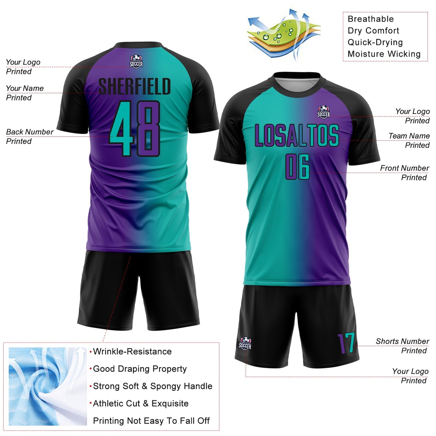 Custom Purple Aqua-Black Sublimation Gradient Fashion Soccer Uniform Jersey view 4