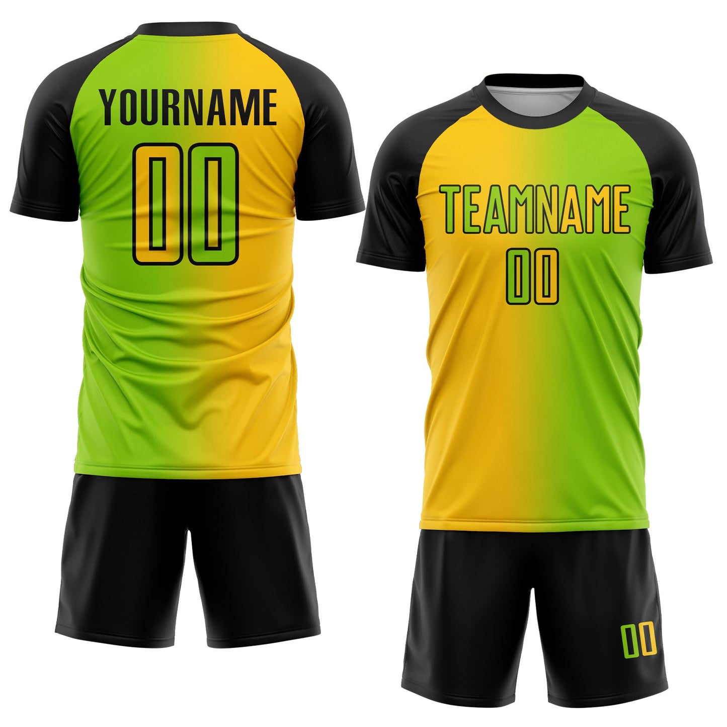 Custom Neon Green Yellow-Black Sublimation Gradient Fashion Soccer Uniform Jersey view 2
