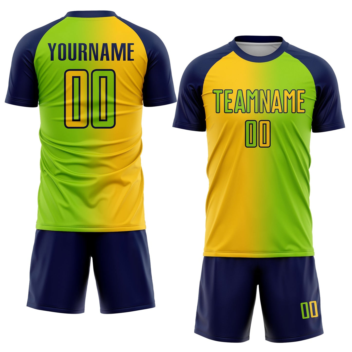Custom Neon Green Yellow-Navy Sublimation Gradient Fashion Soccer Uniform Jersey view 2
