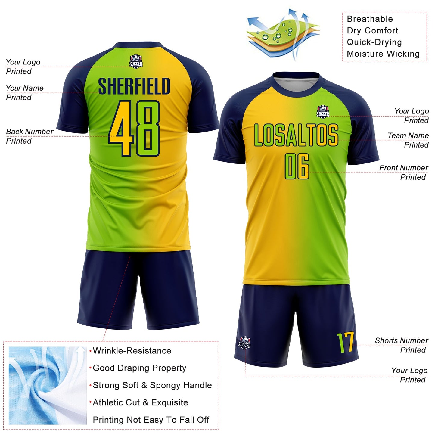Custom Neon Green Yellow-Navy Sublimation Gradient Fashion Soccer Uniform Jersey view 4