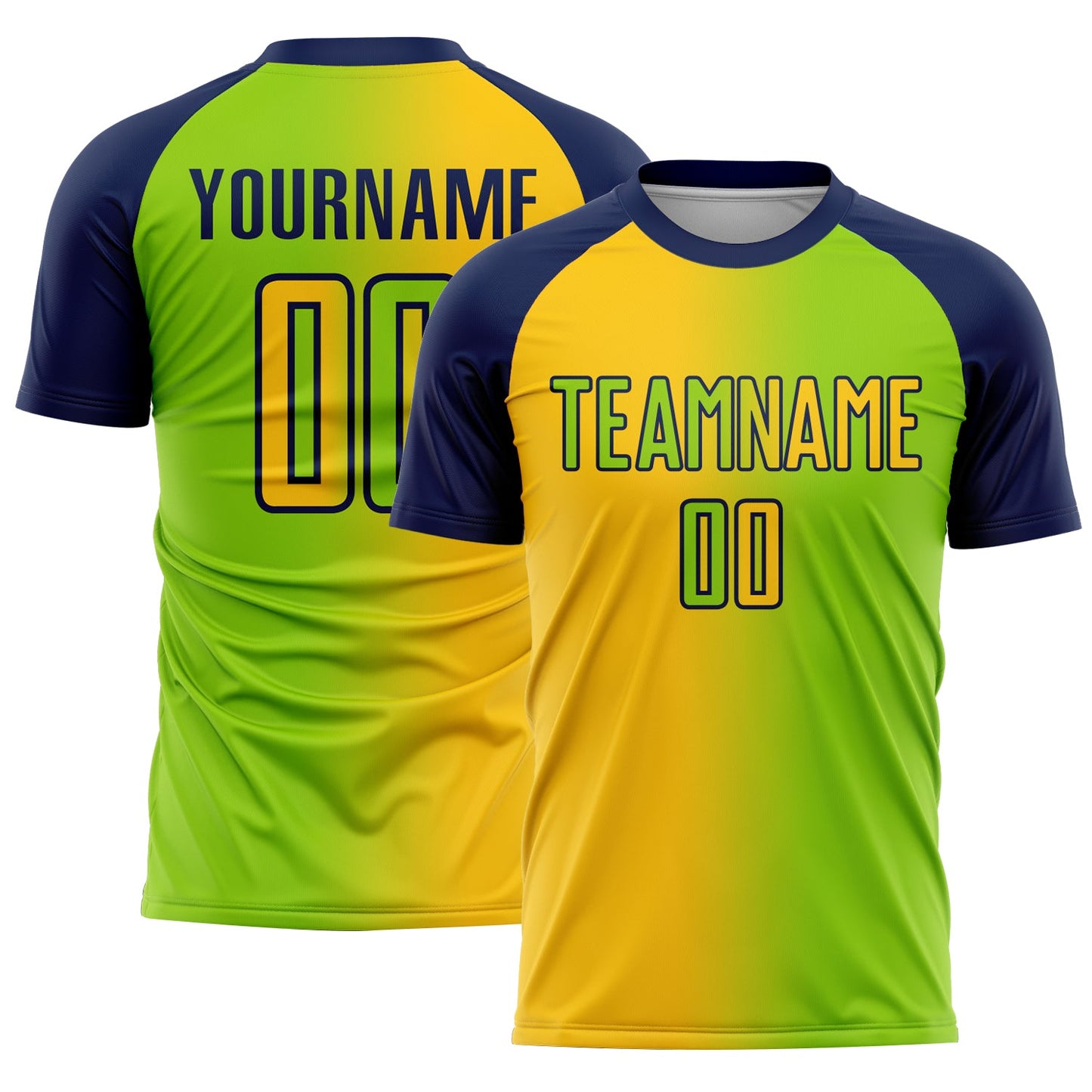 Custom Neon Green Yellow-Navy Sublimation Gradient Fashion Soccer Uniform Jersey - Main View