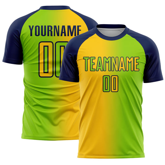 Custom Neon Green Yellow-Navy Sublimation Gradient Fashion Soccer Uniform Jersey - Main View