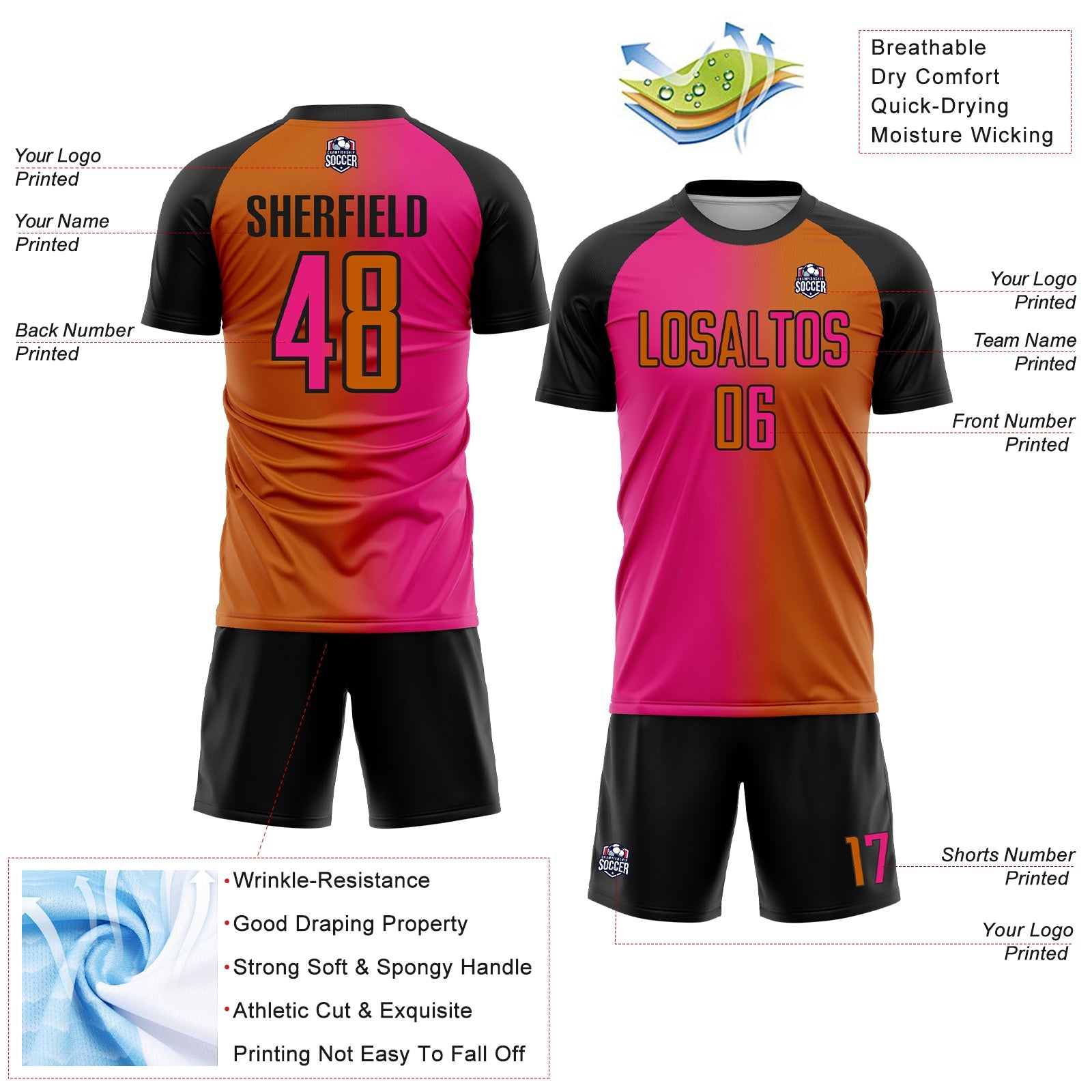 Custom Texas Orange Hot Pink-Black Sublimation Gradient Fashion Soccer Uniform Jersey view 4