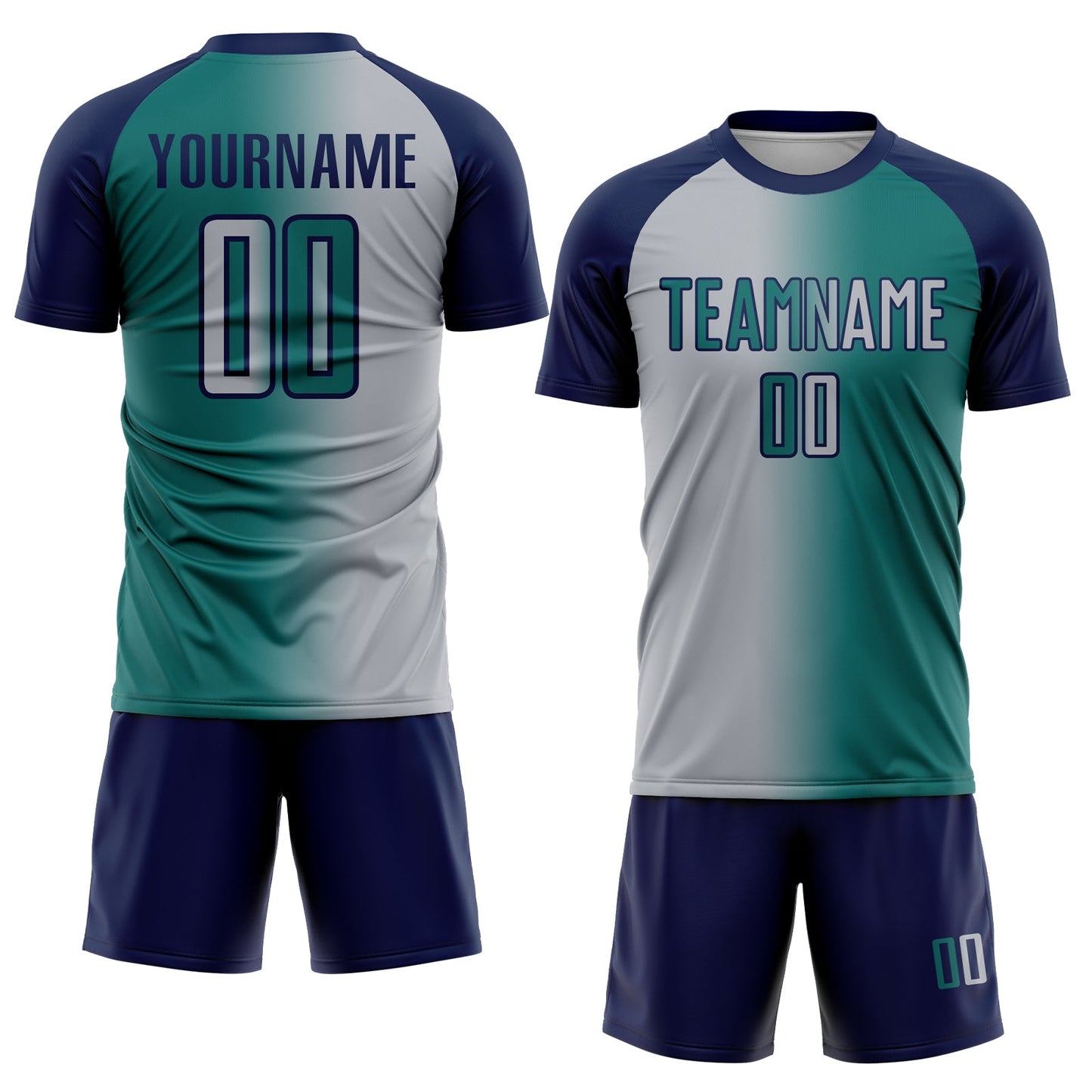 Custom Teal Gray-Navy Sublimation Gradient Fashion Soccer Uniform Jersey view 2