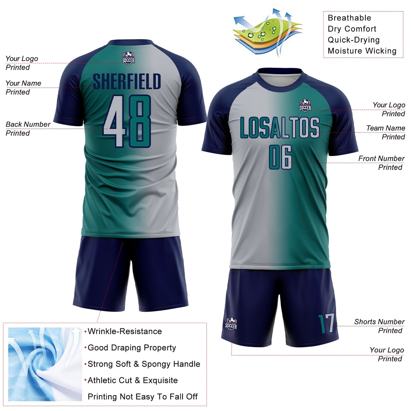 Custom Teal Gray-Navy Sublimation Gradient Fashion Soccer Uniform Jersey view 4