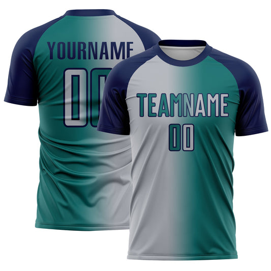 Custom Teal Gray-Navy Sublimation Gradient Fashion Soccer Uniform Jersey - Main View