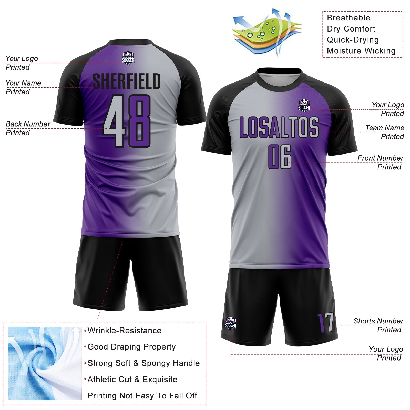 Custom Purple Gray-Black Sublimation Gradient Fashion Soccer Uniform Jersey view 4