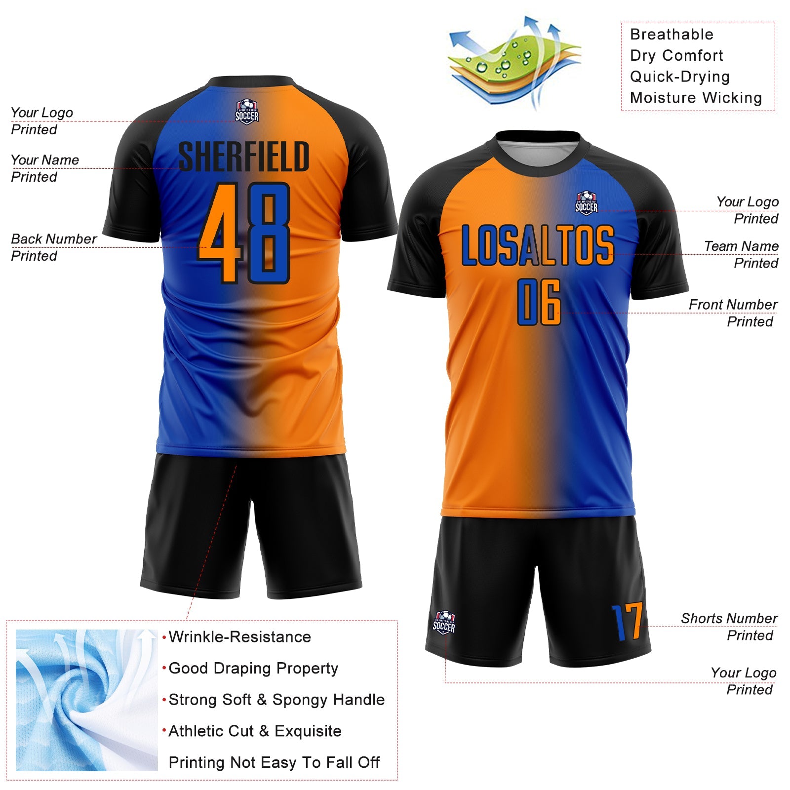 Custom Thunder Blue Bay Orange-Black Sublimation Gradient Fashion Soccer Uniform Jersey view 4