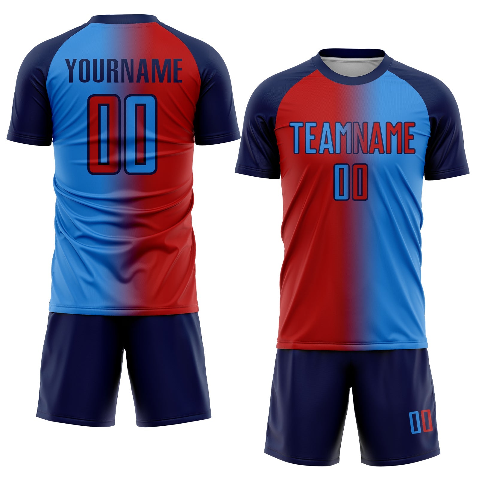 Custom Powder Blue Red-Navy Sublimation Gradient Fashion Soccer Uniform Jersey view 2