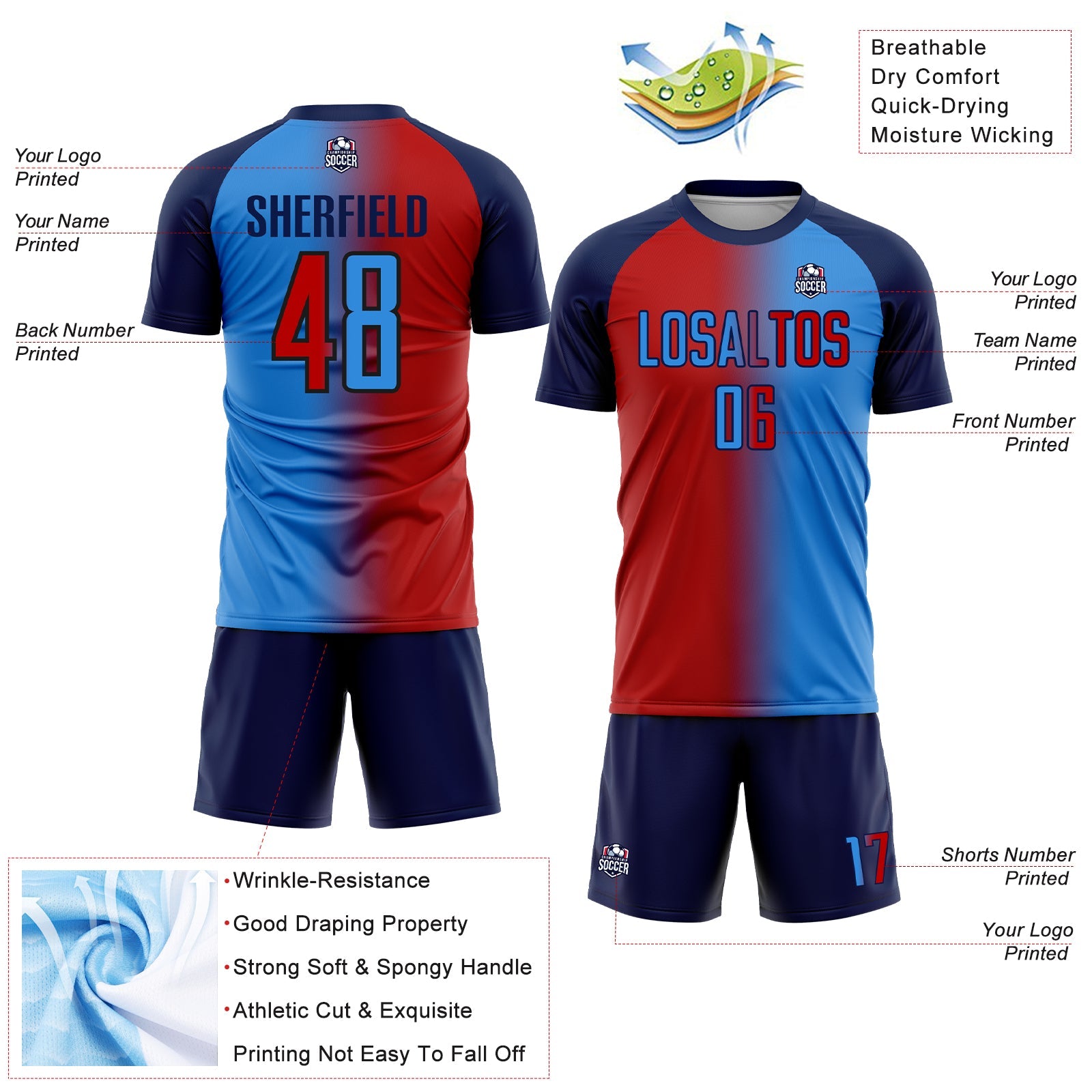 Custom Powder Blue Red-Navy Sublimation Gradient Fashion Soccer Uniform Jersey view 4