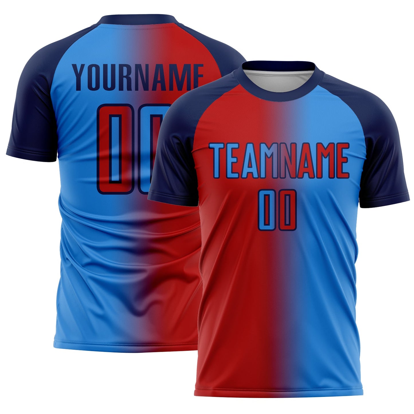 Custom Powder Blue Red-Navy Sublimation Gradient Fashion Soccer Uniform Jersey - Main View