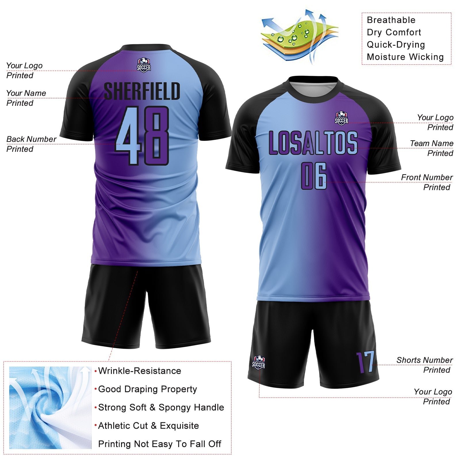 Custom Purple Light Blue-Black Sublimation Gradient Fashion Soccer Uniform Jersey view 4