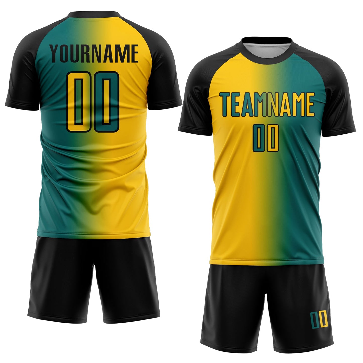Custom Teal Yellow-Black Sublimation Gradient Fashion Soccer Uniform Jersey view 2