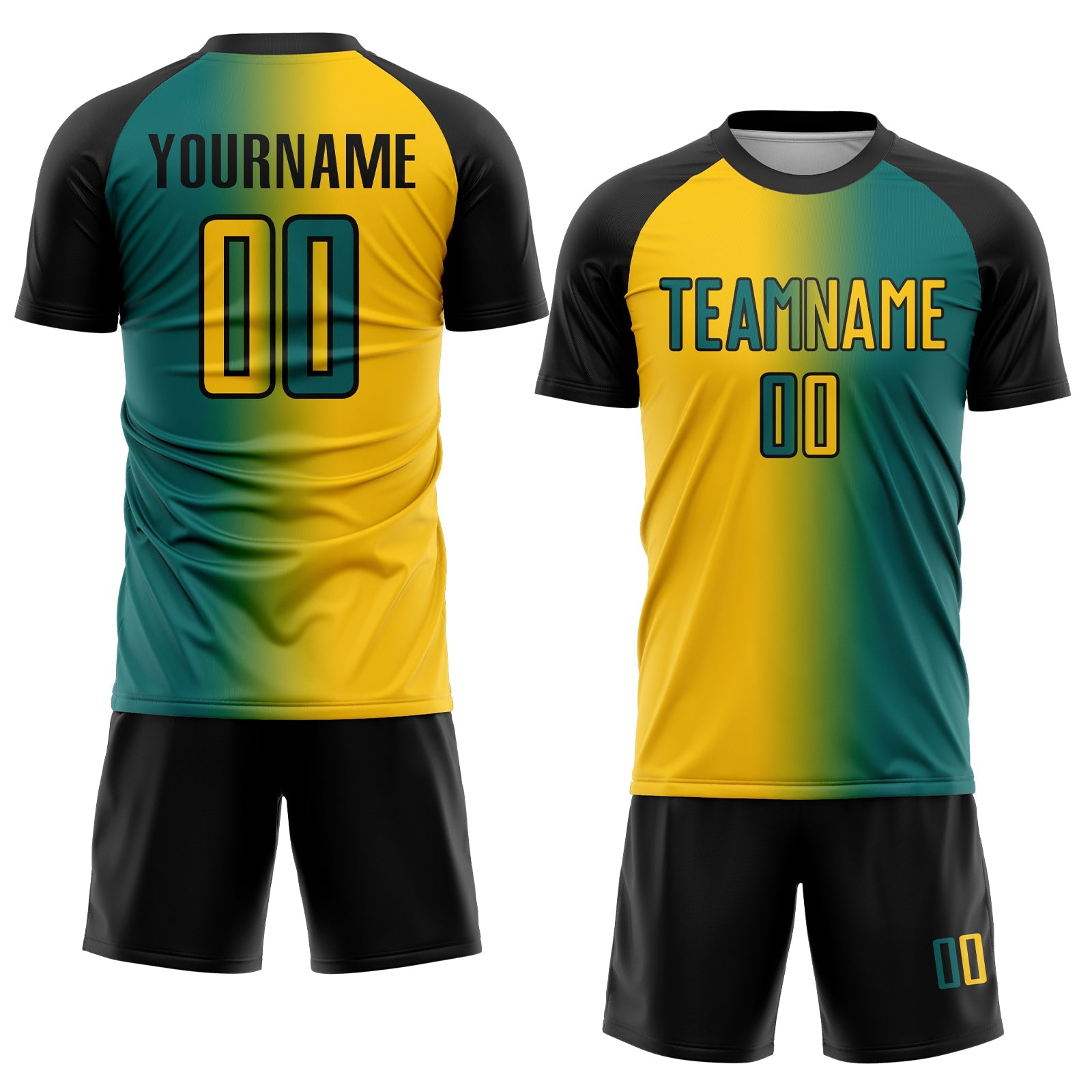 Custom Teal Yellow-Black Sublimation Gradient Fashion Soccer Uniform Jersey view 2