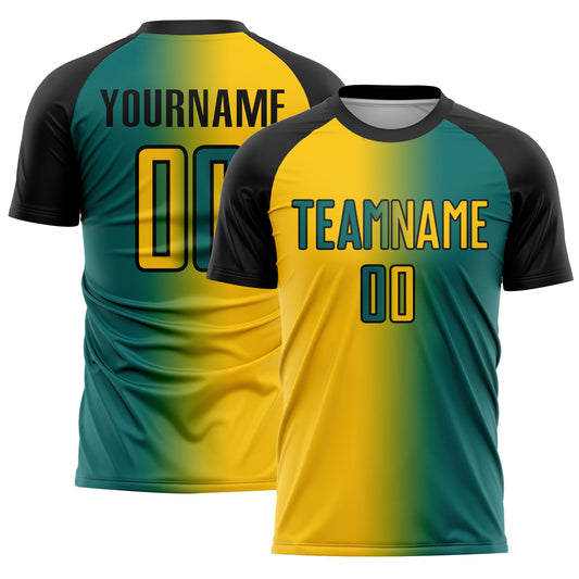 Custom Teal Yellow-Black Sublimation Gradient Fashion Soccer Uniform Jersey - Main View
