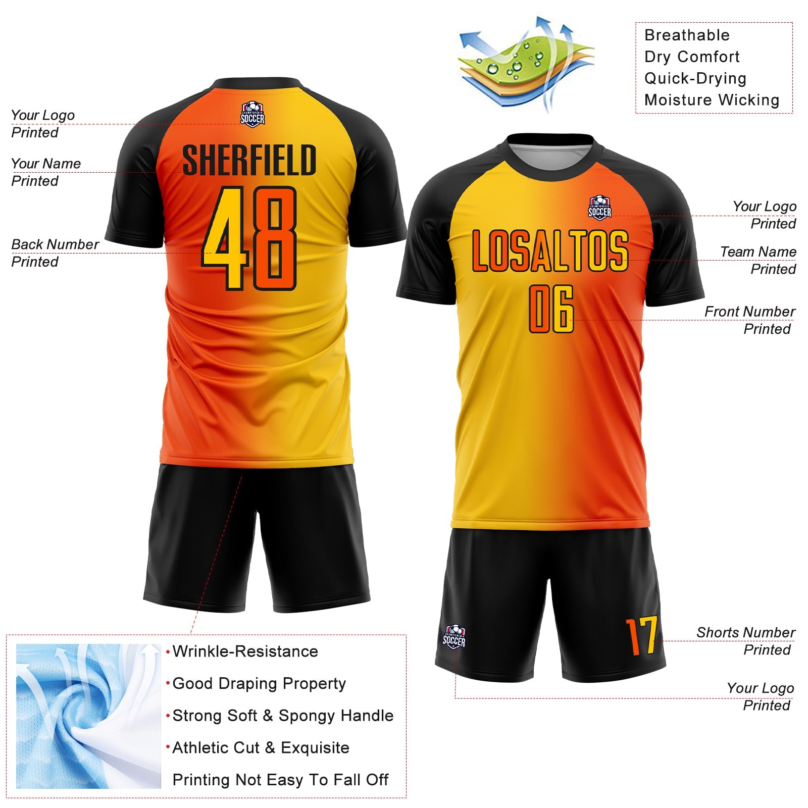 Custom Orange Yellow-Black Sublimation Gradient Fashion Soccer Uniform Jersey view 4