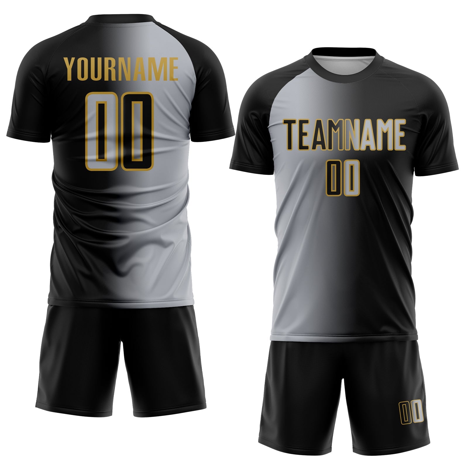 Custom Black Gray-Old Gold Sublimation Gradient Fashion Soccer Uniform Jersey view 2