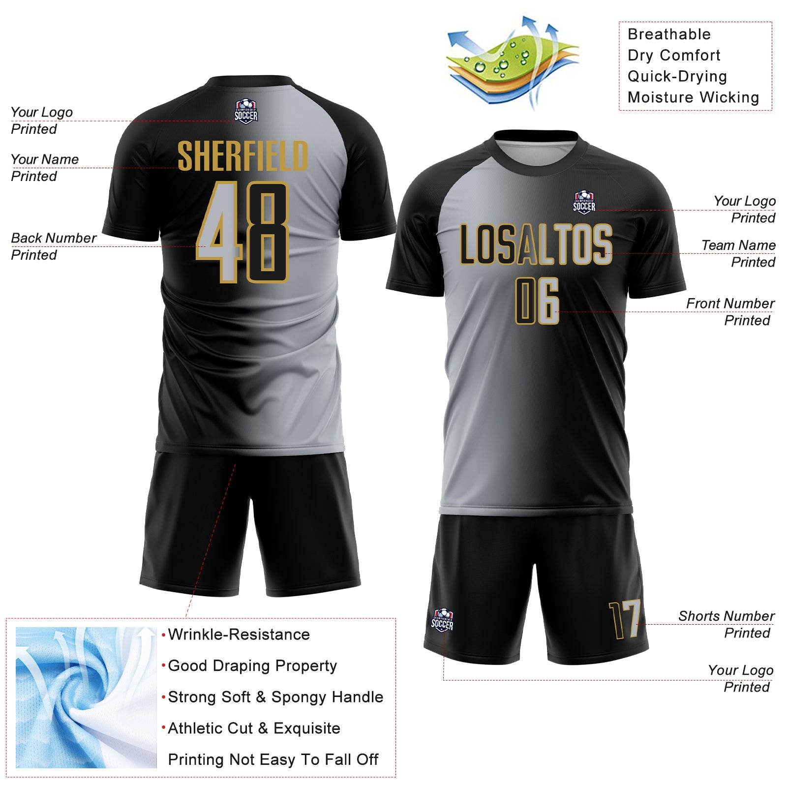 Custom Black Gray-Old Gold Sublimation Gradient Fashion Soccer Uniform Jersey view 4