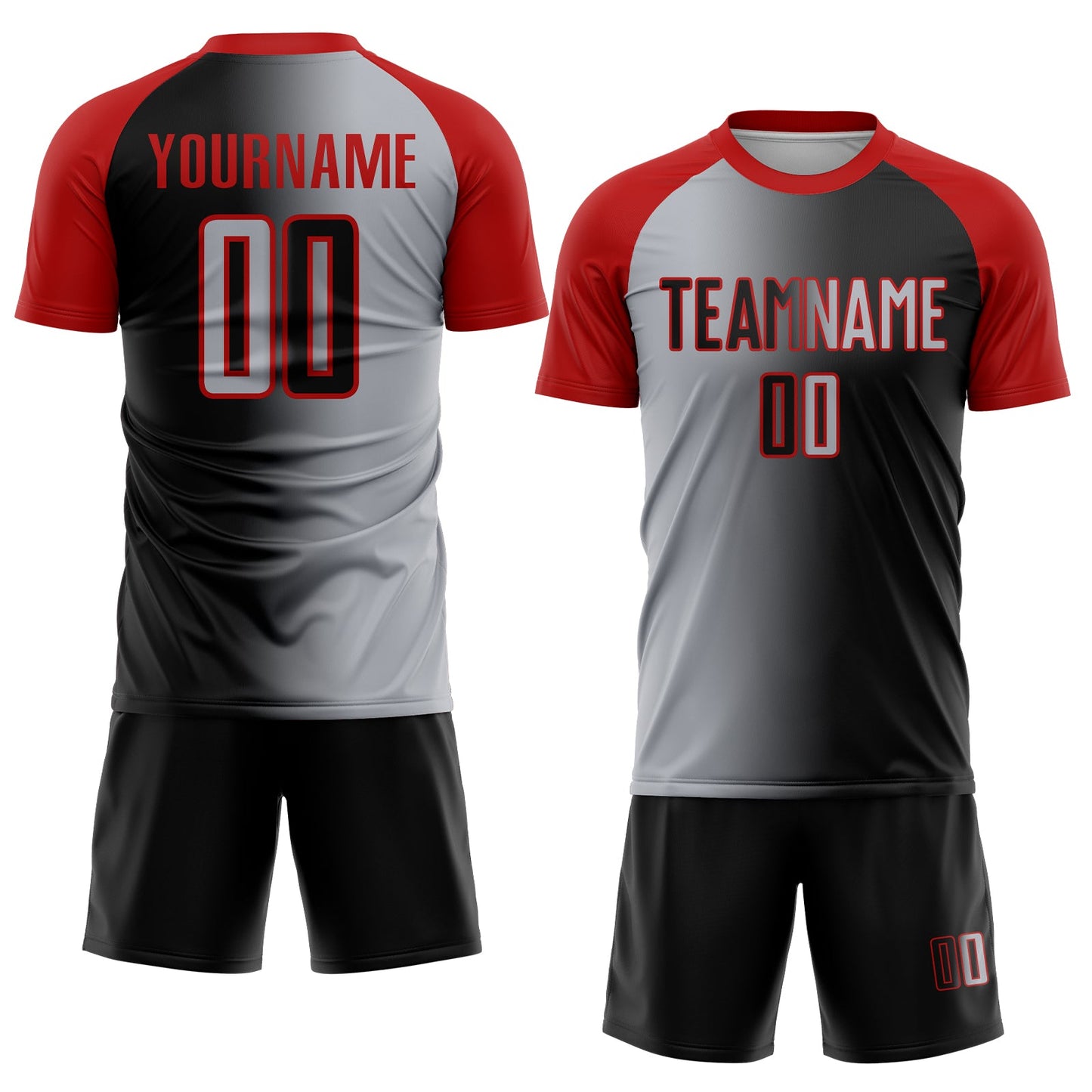 Custom Black Gray-Red Sublimation Gradient Fashion Soccer Uniform Jersey view 2