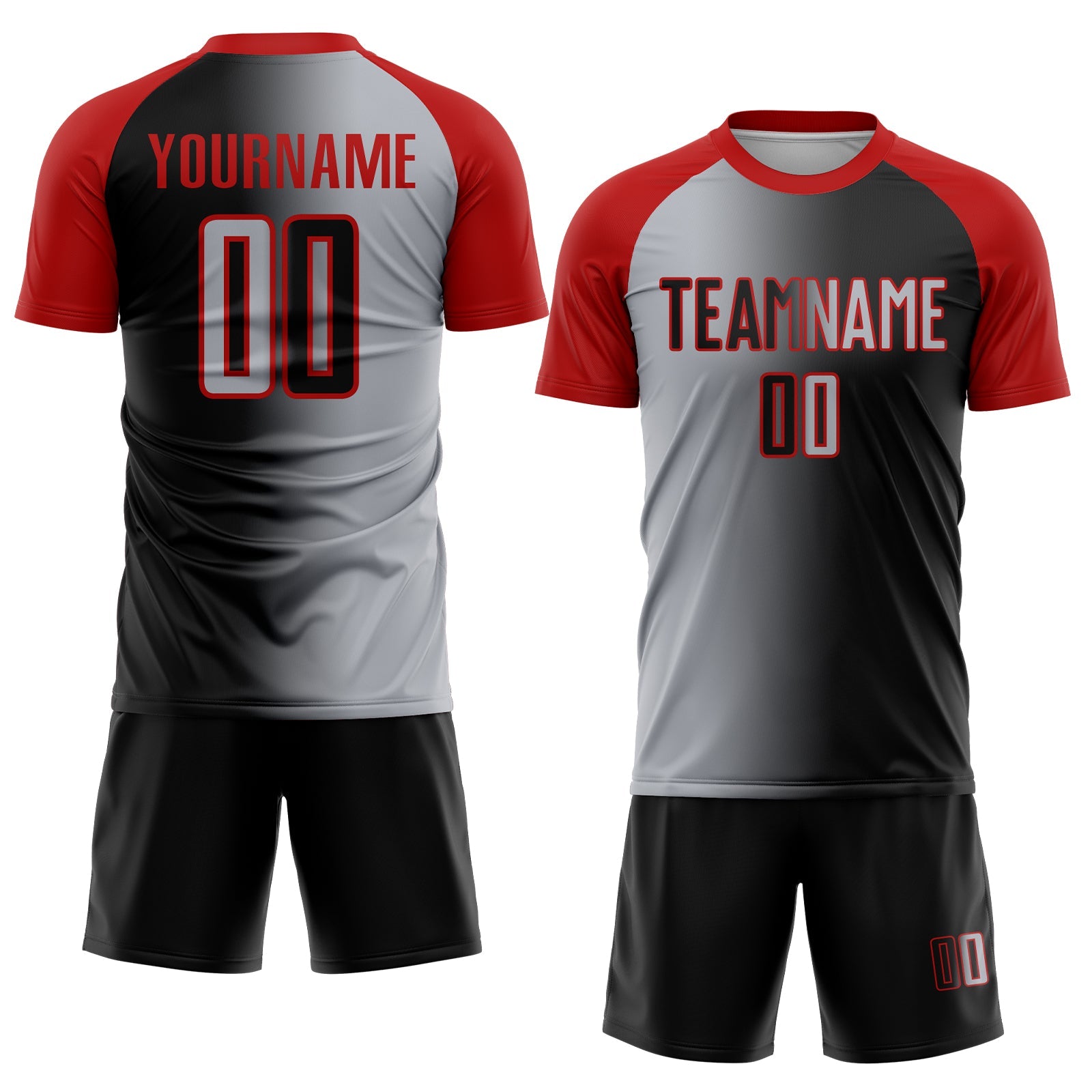Custom Black Gray-Red Sublimation Gradient Fashion Soccer Uniform Jersey view 2