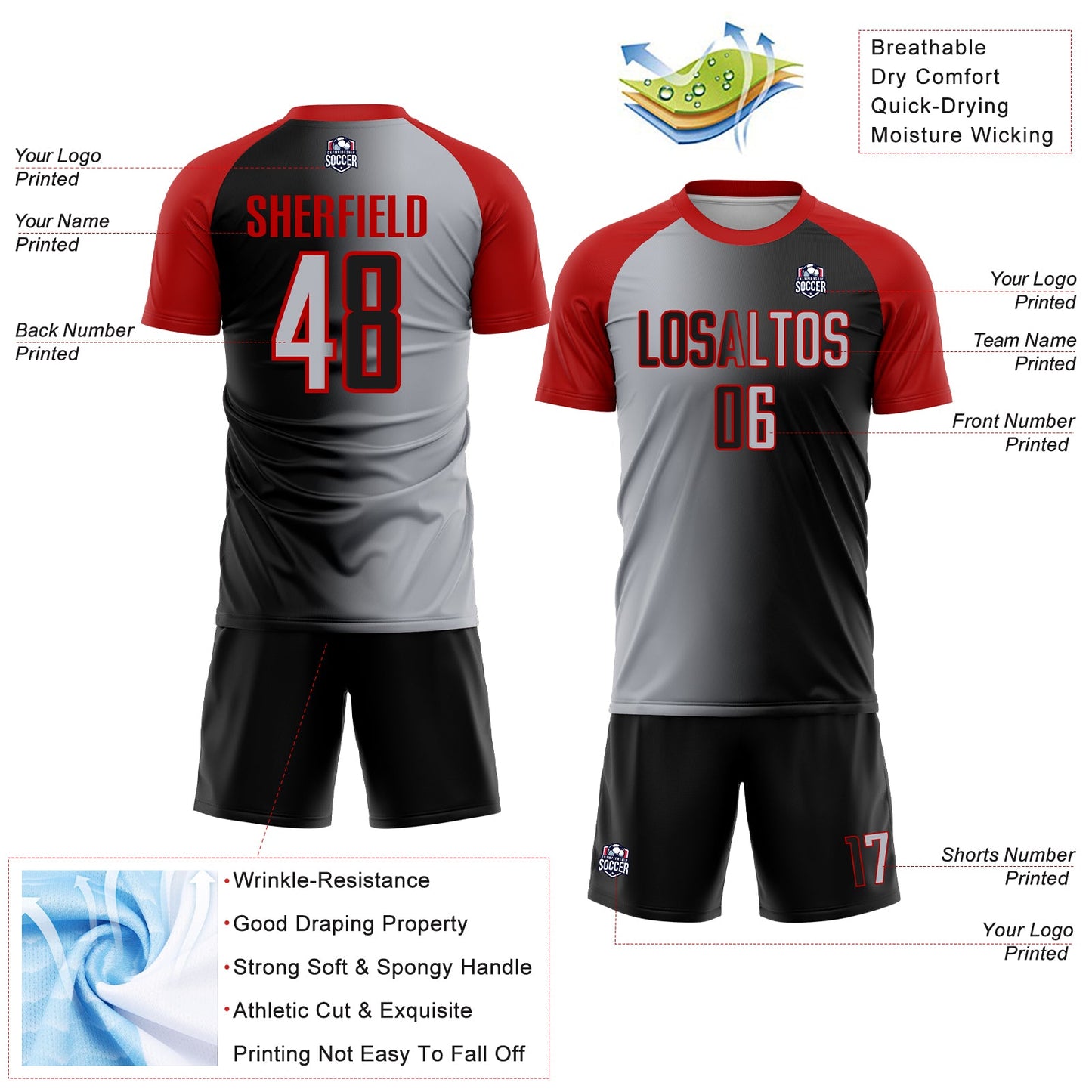 Custom Black Gray-Red Sublimation Gradient Fashion Soccer Uniform Jersey view 4