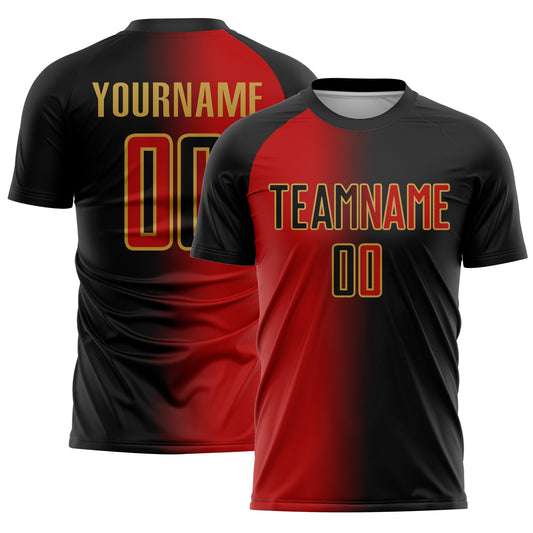 Custom Black Red-Old Gold Sublimation Gradient Fashion Soccer Uniform Jersey - Main View