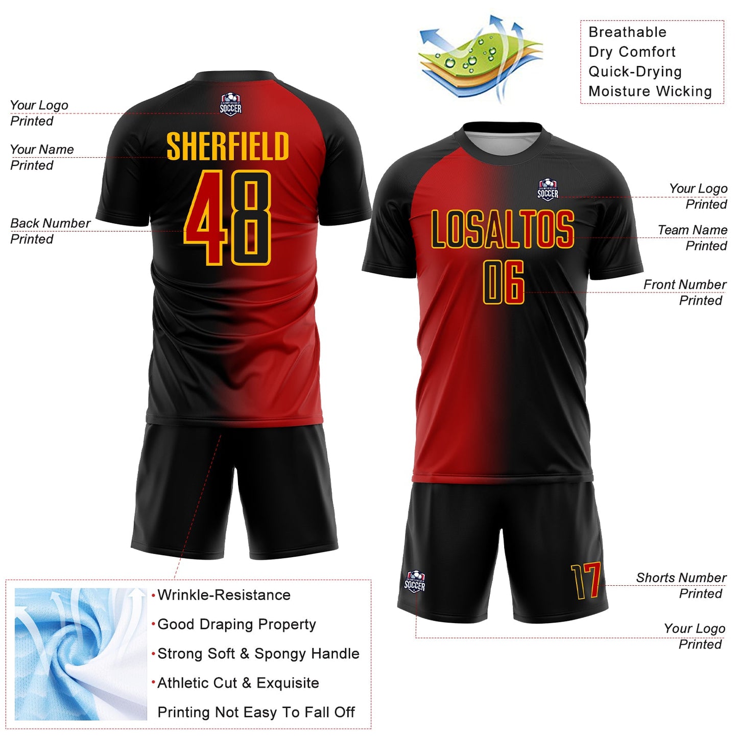 Custom Black Red-Gold Sublimation Gradient Fashion Soccer Uniform Jersey view 4