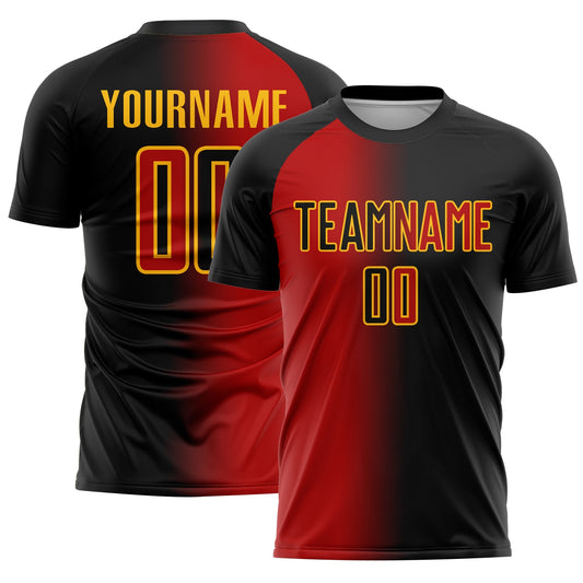 Custom Black Red-Gold Sublimation Gradient Fashion Soccer Uniform Jersey - Main View