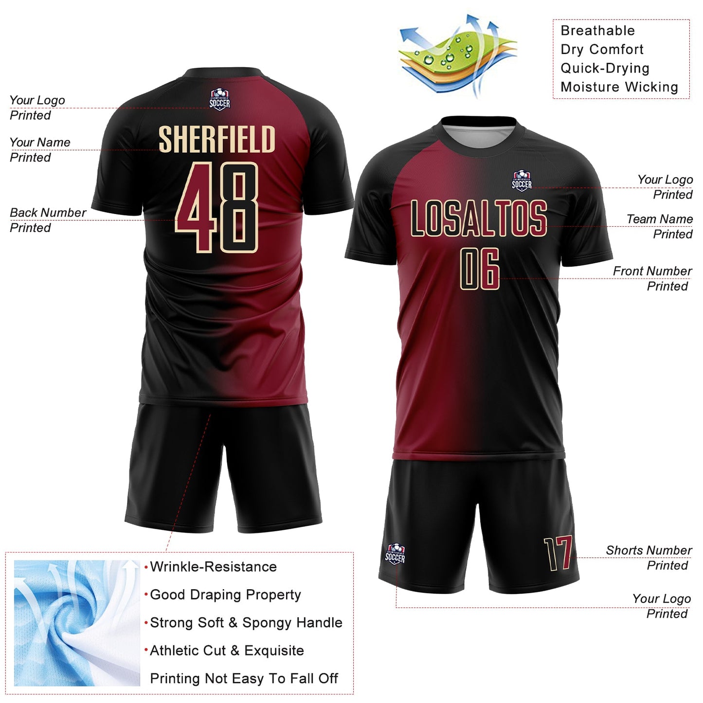 Custom Black Crimson-Cream Sublimation Gradient Fashion Soccer Uniform Jersey view 4