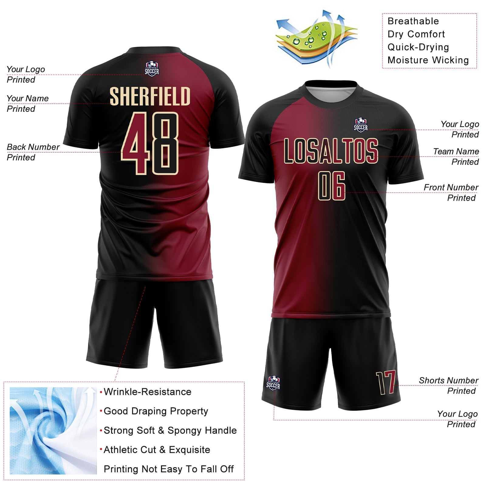 Custom Black Crimson-Cream Sublimation Gradient Fashion Soccer Uniform Jersey view 4
