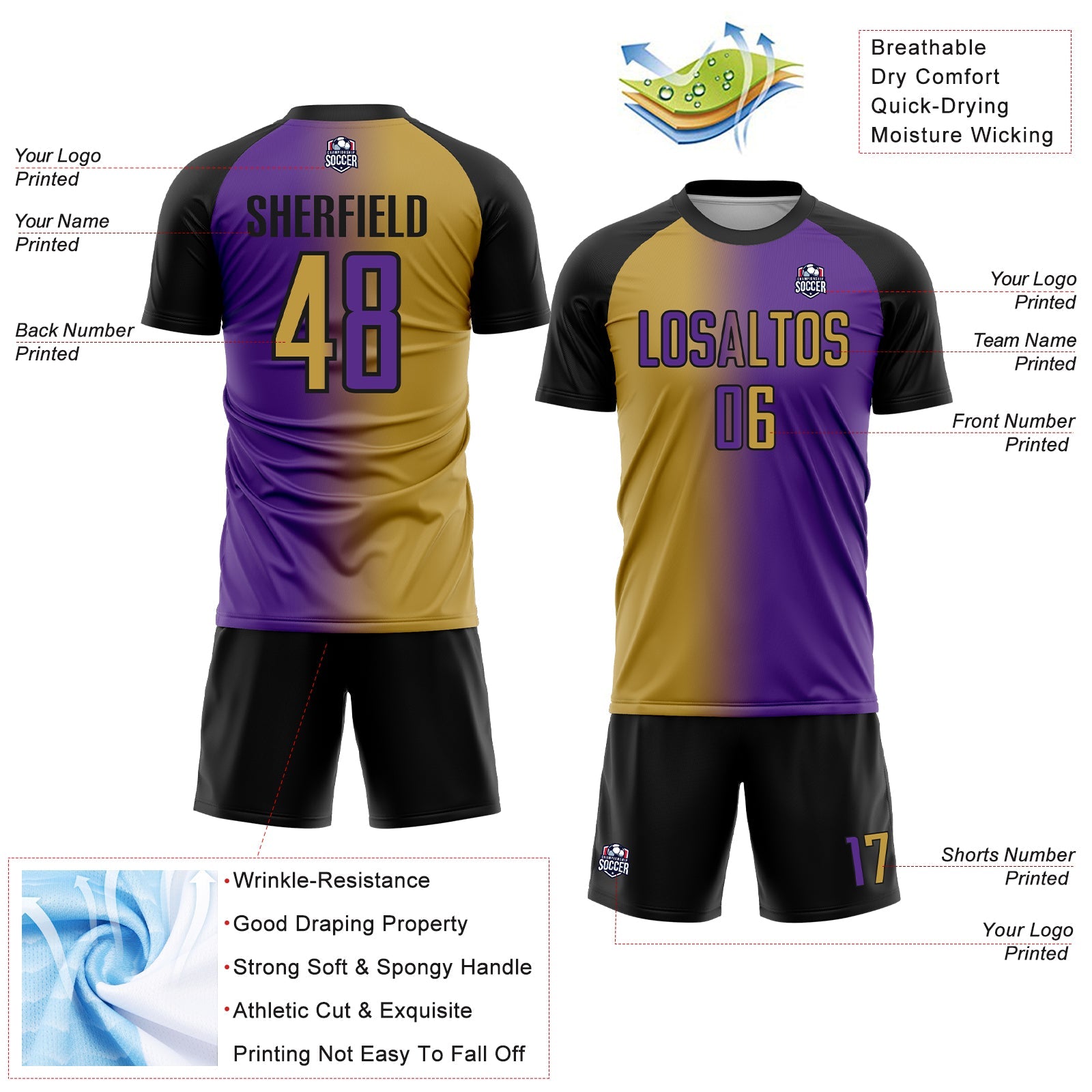 Custom Purple Old Gold-Black Sublimation Gradient Fashion Soccer Uniform Jersey view 4