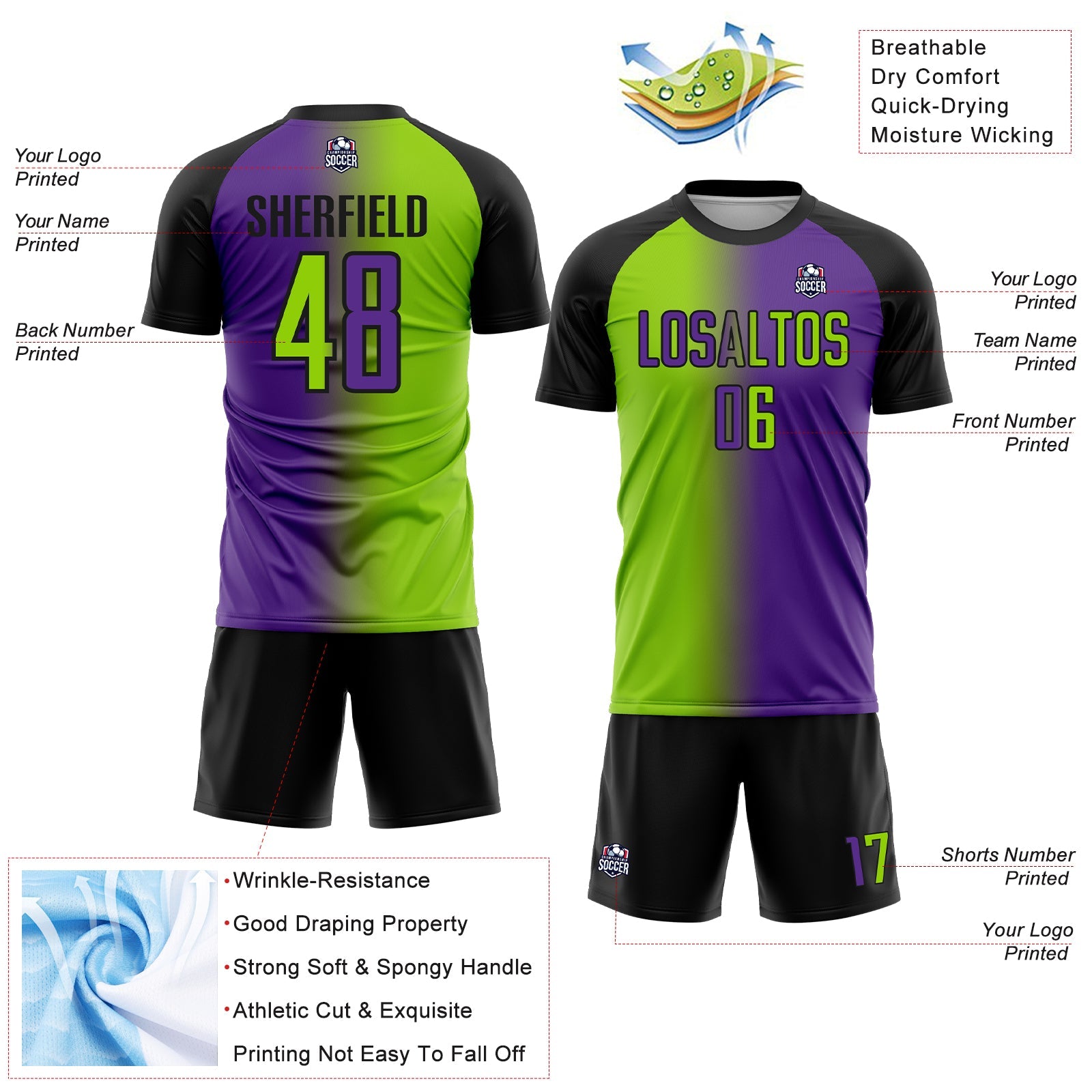 Custom Purple Neon Green-Black Sublimation Gradient Fashion Soccer Uniform Jersey view 4