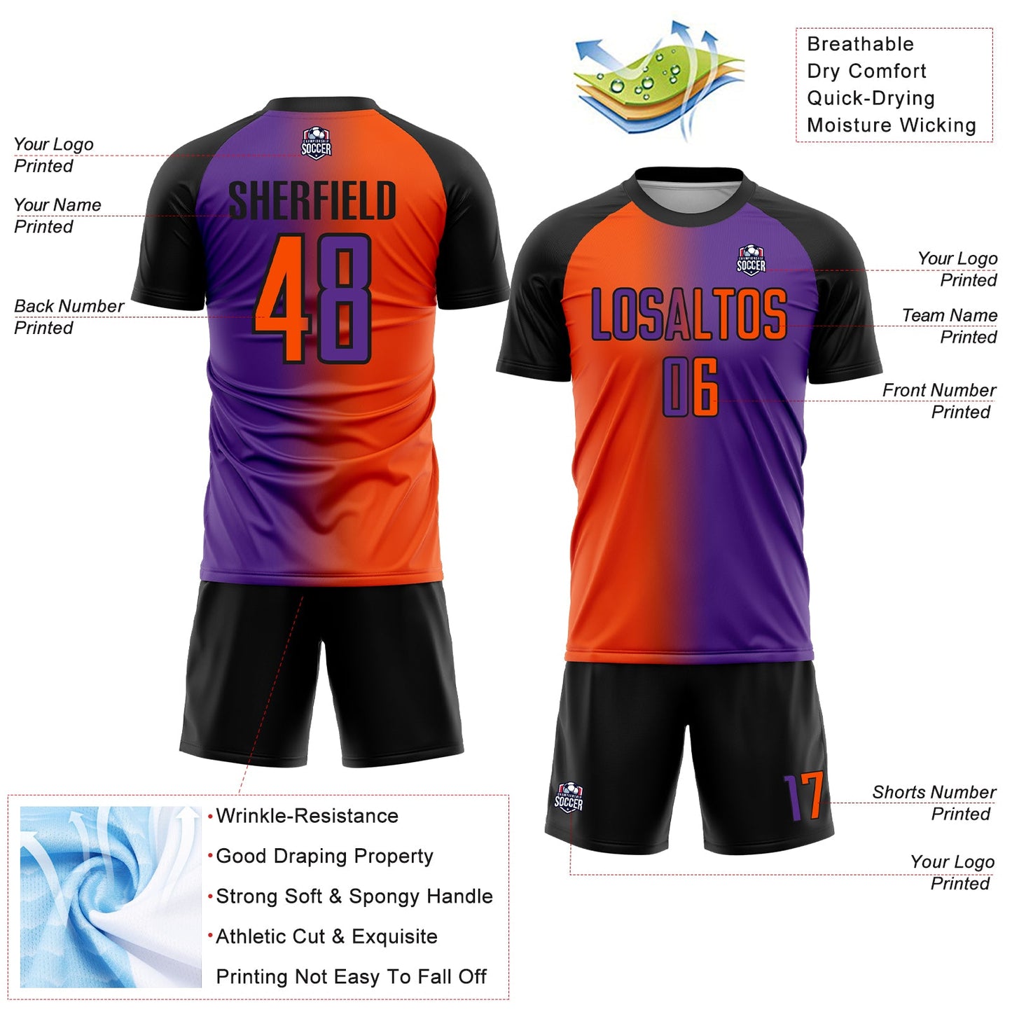 Custom Purple Orange-Black Sublimation Gradient Fashion Soccer Uniform Jersey view 4