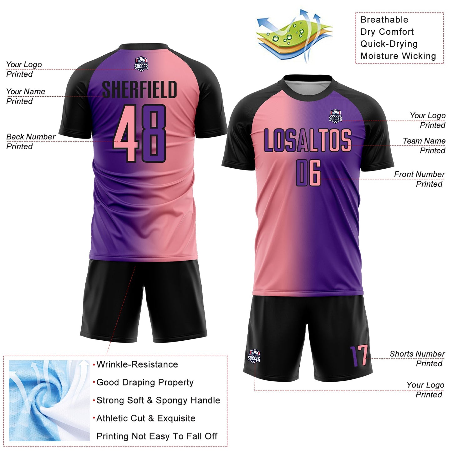 Custom Purple Medium Pink-Black Sublimation Gradient Fashion Soccer Uniform Jersey view 4