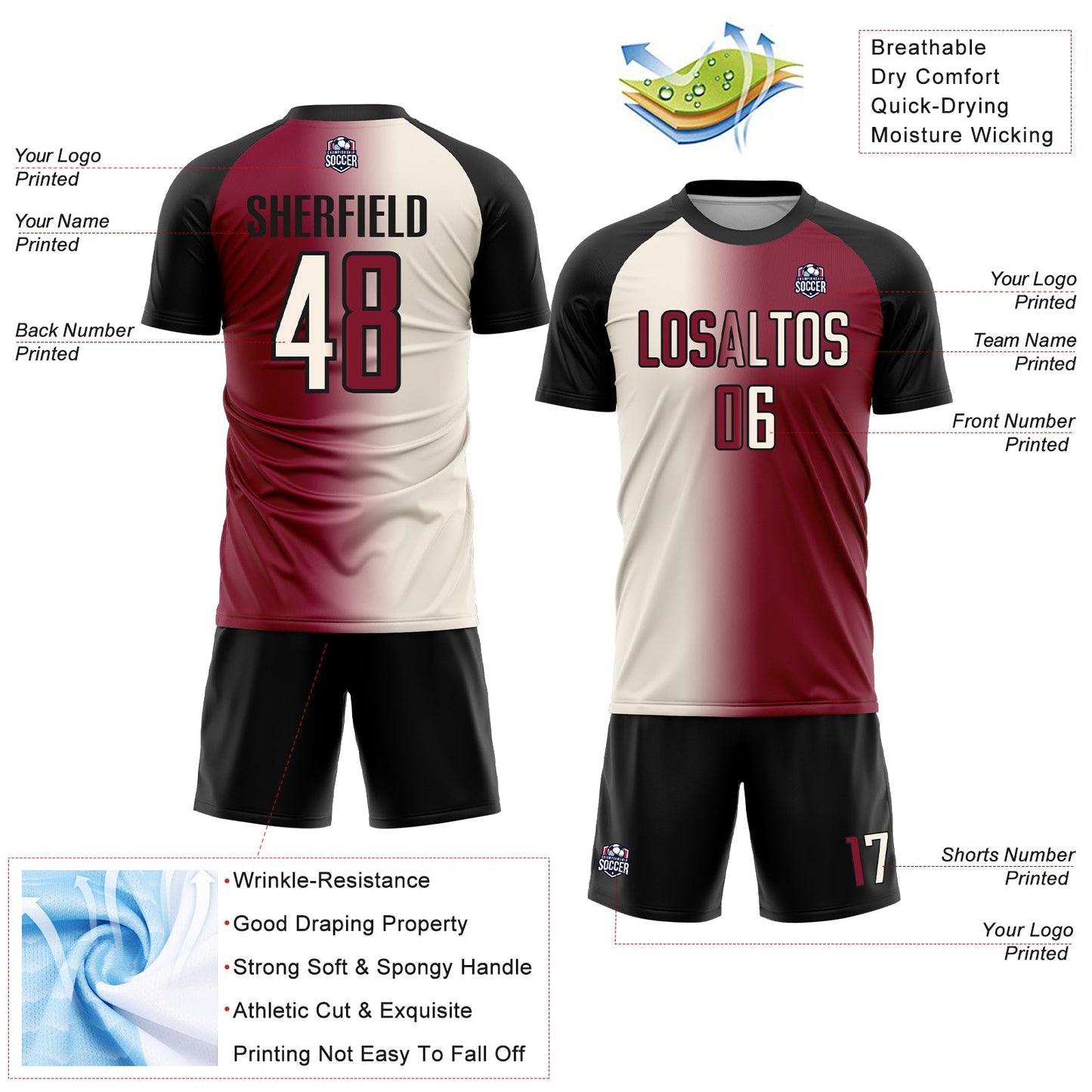 Custom Maroon Cream-Black Sublimation Gradient Fashion Soccer Uniform Jersey view 4