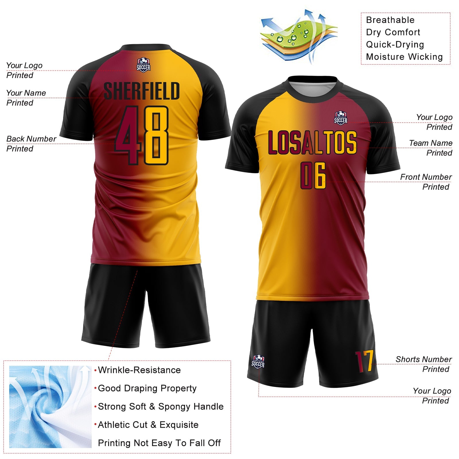 Custom Maroon Gold-Black Sublimation Gradient Fashion Soccer Uniform Jersey view 4