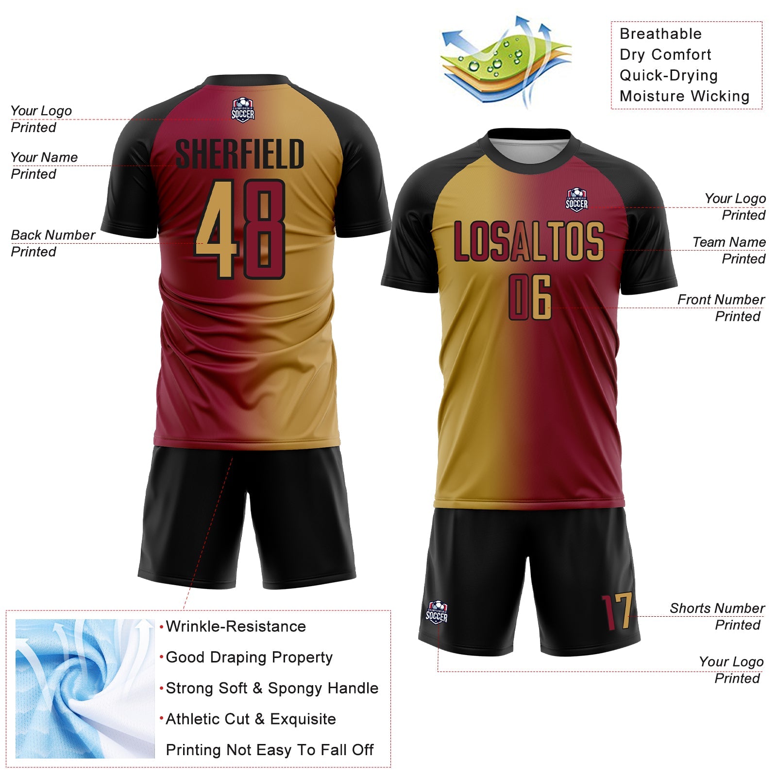Custom Maroon Old Gold-Black Sublimation Gradient Fashion Soccer Uniform Jersey view 4